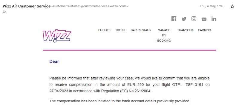 wizz air compensation e-mail