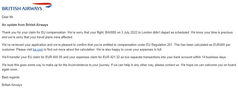 compensation expenses claim british airways cancellation flight