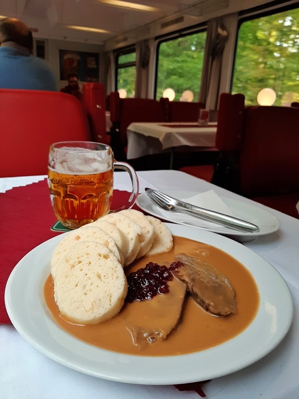 svíčková czech dining car berliner eurocity train hamburg berlin prague