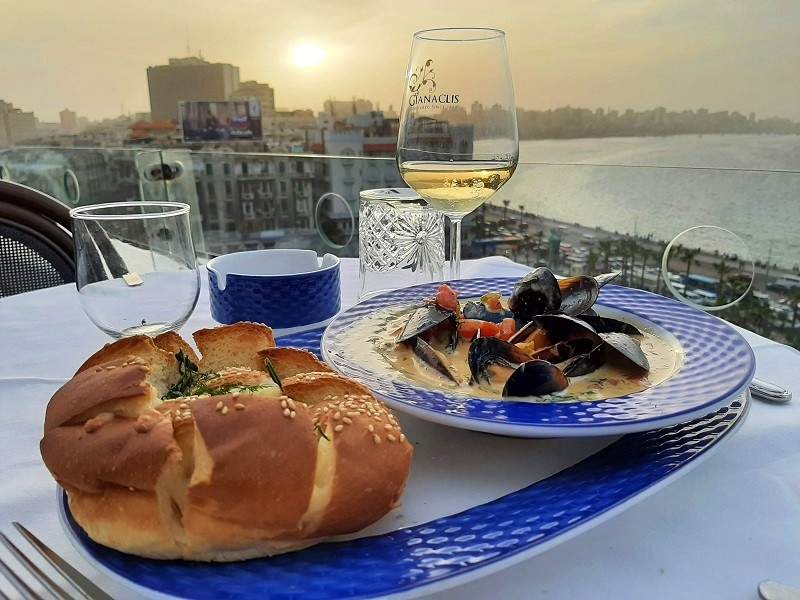 sky view restaurant metropole hotel alexandria dinner mussels