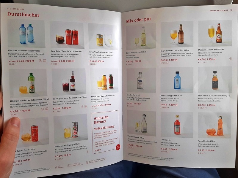 Buy-on-board menu austrian airlines economy class airbus a321