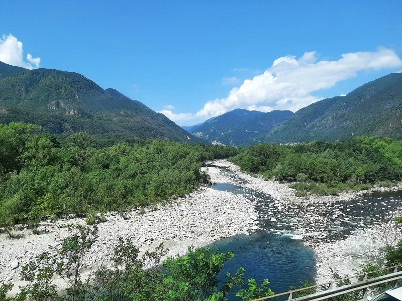 confluence melezza maggia rivers ticino switzerland centovalli railway line train locarno