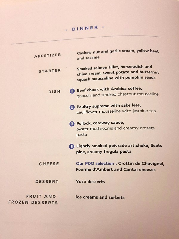 dinner menu air france business class flight paris singapore