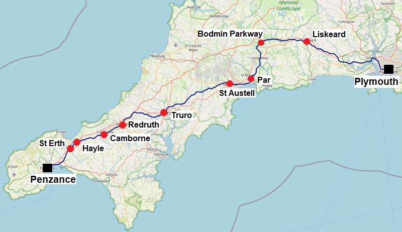 cornish main line gwr train plymouth penzance map
